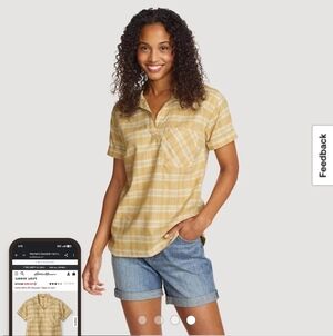 NWT Eddie Bauer Women's Durable Hemp Light Yellow Plaid Shirt